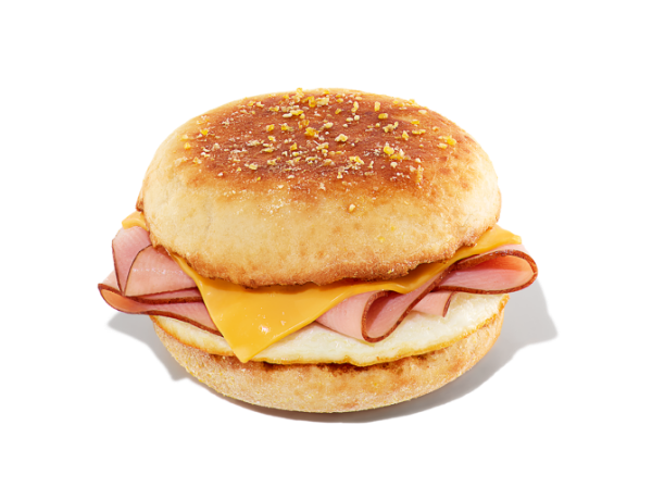 A ham, egg & cheese sandwich on English muffin